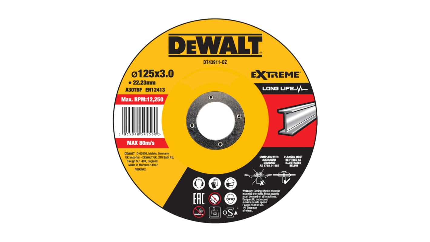DeWALT DT43 Aluminium Oxide Cutting Disc, 125mm x 3mm Thick, 1 in pack