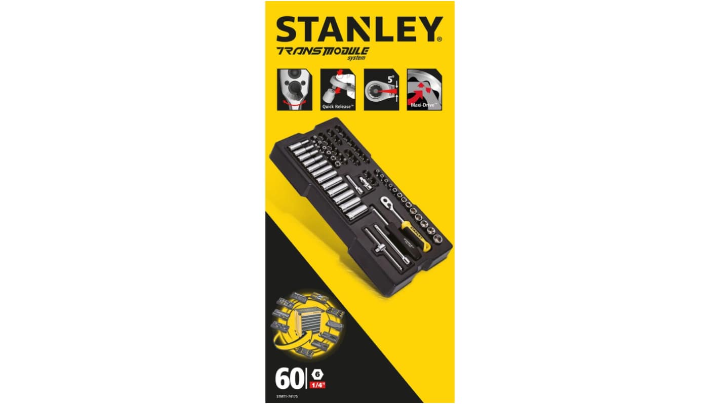 Stanley 60-Piece Metric 1/4 Standard Socket Set with Ratchet, 6 point