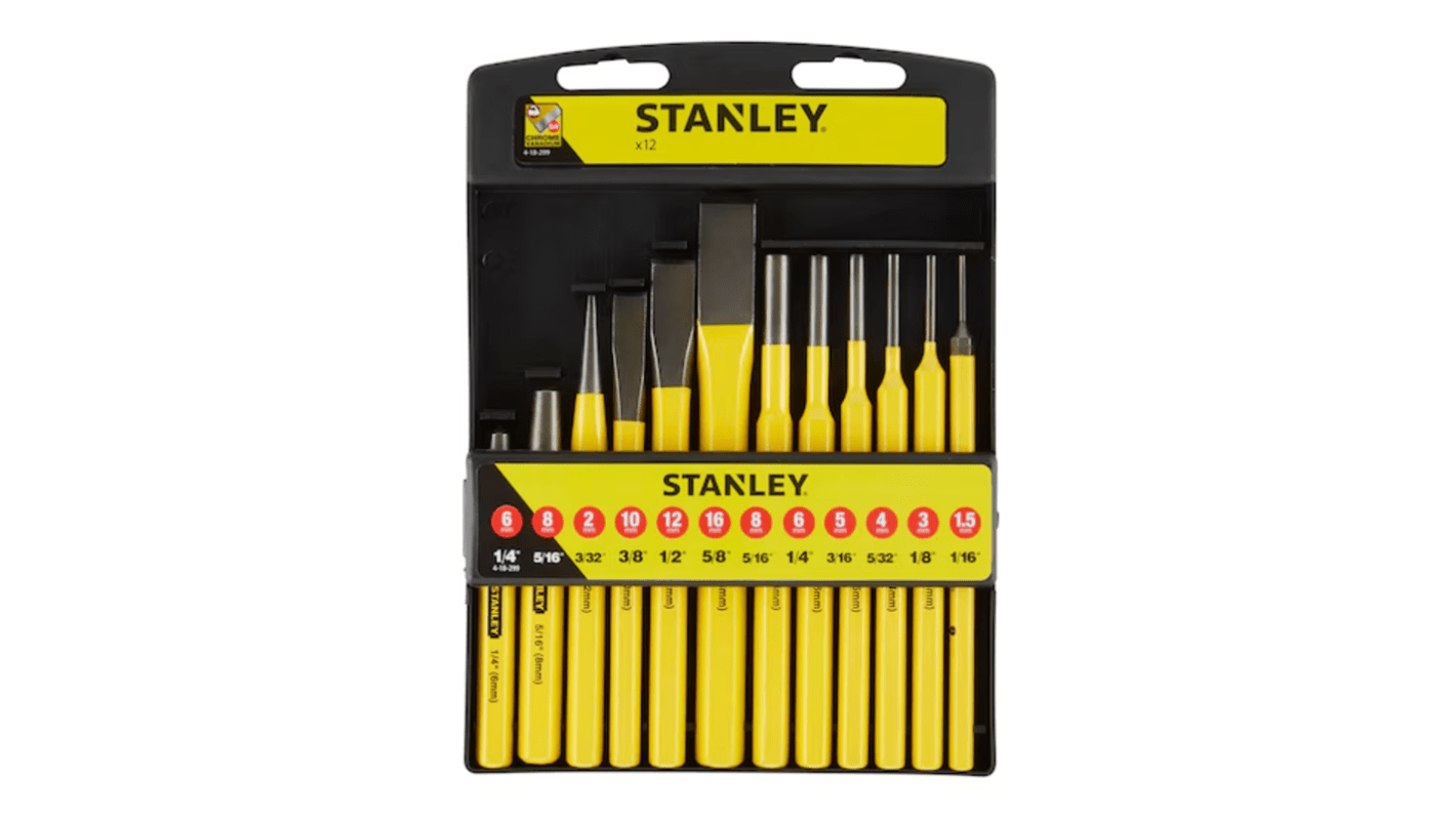 Stanley 引脚冲头套件, 1.5 → 6 mm柄部直径, 12件套