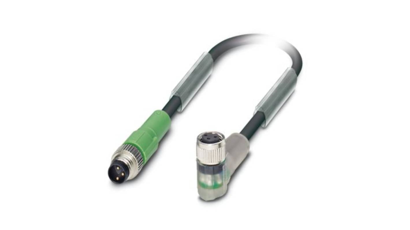 Phoenix Contact Straight Male 3 way M8 to Right Angle Female 3 way M8 Actuator/Sensor Cable, 600mm