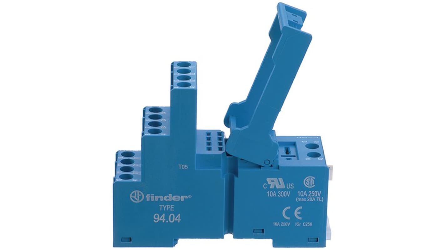 Finder 94 250V DIN Rail Relay Socket, for use with 55.34 Relays