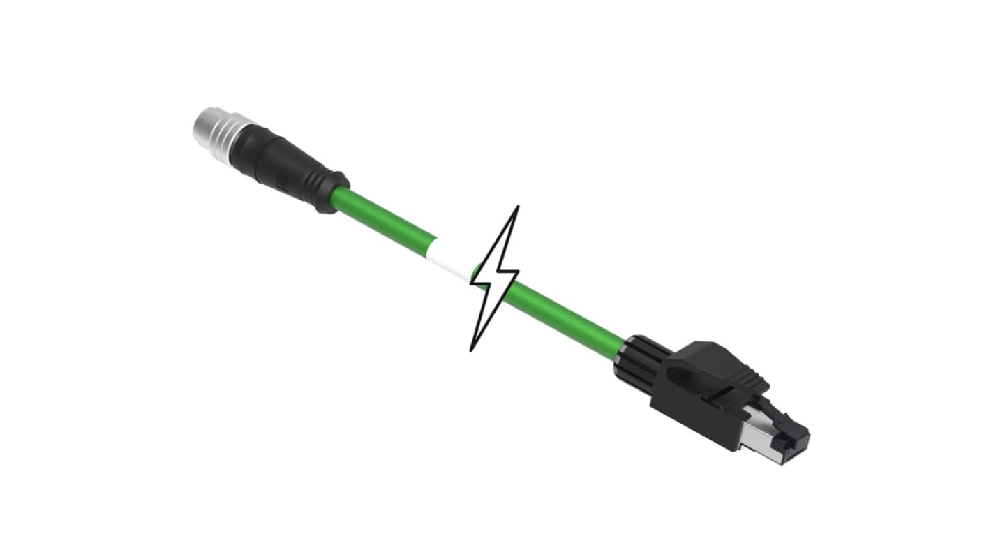 Molex120108, 6.7mm Cat5e, Green M12 to Male RJ45 Male, Unshielded Shielded, Terminated Polyurethane Sheath