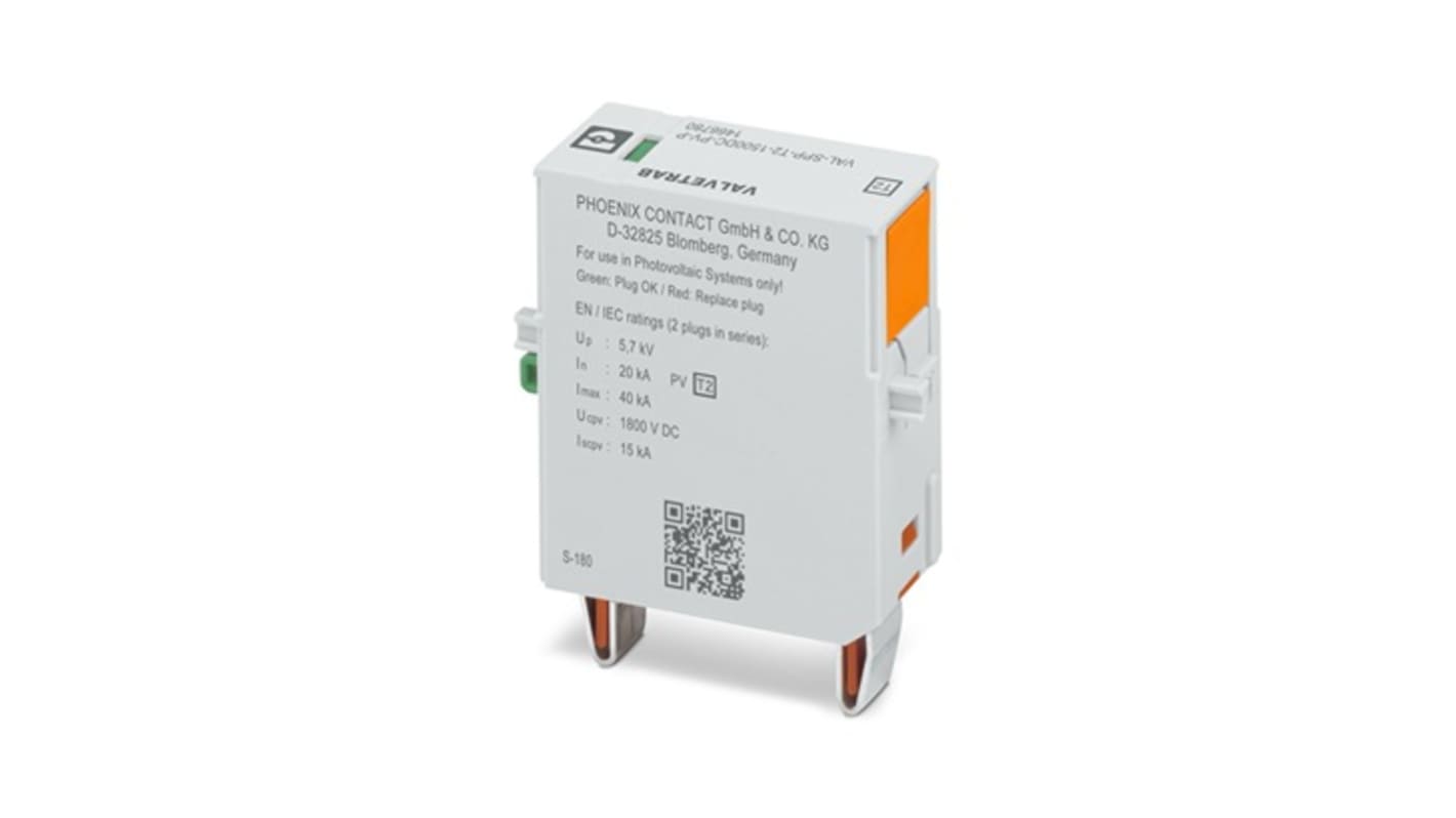 Phoenix Contact, VAL-SPP Surge Protection Plug 1800 V dc Maximum Voltage Rating 40kA Maximum Surge Current Surge