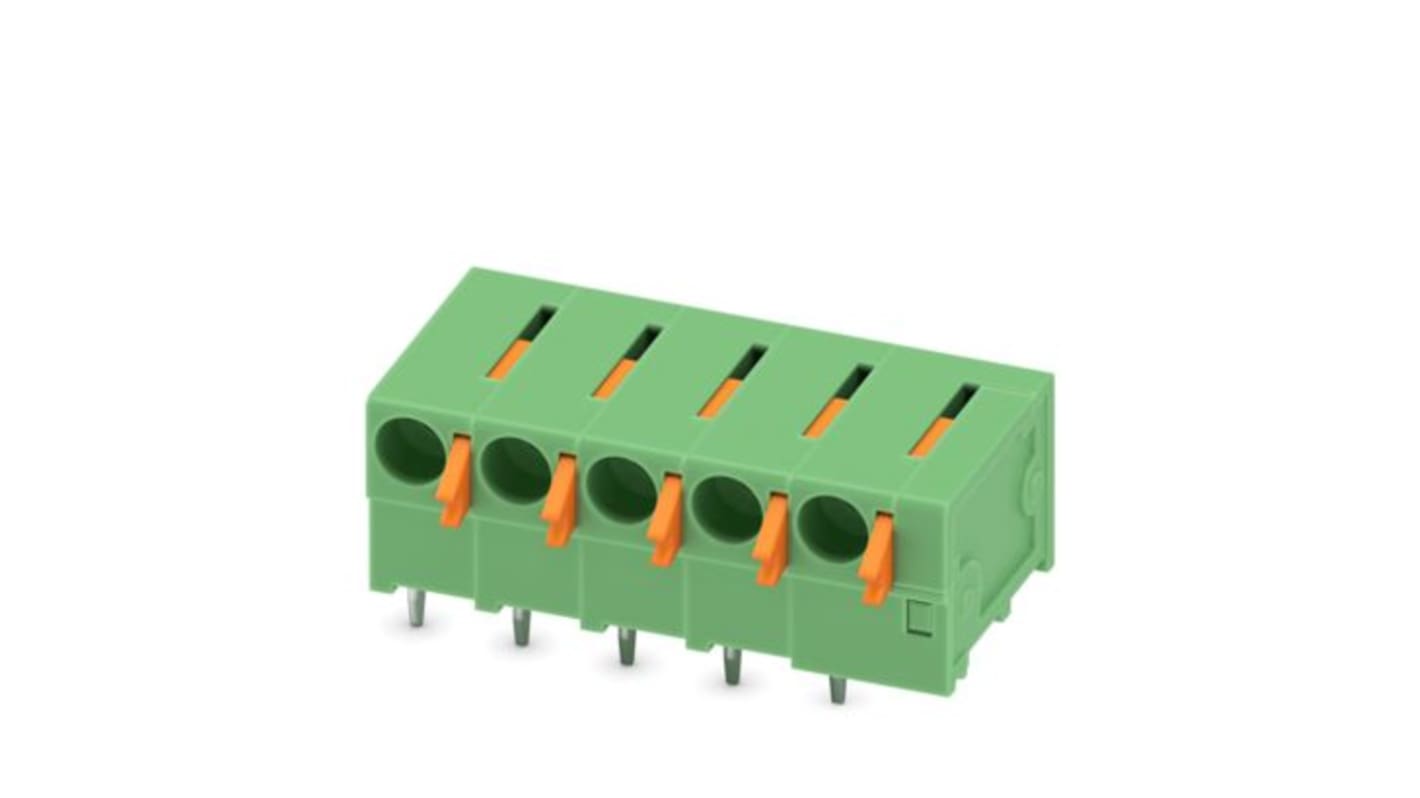 Phoenix Contact FFKDSA1/H2 Series PCB Terminal Block, 5-Contact, 5.08mm Pitch, Wave Soldering, 1-Row, Push In Spring