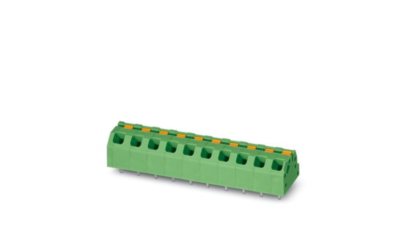 Phoenix Contact SPTAF Series PCB Terminal Block, 9-Contact, 5mm Pitch, Wave Soldering, 1-Row, Push In Spring Termination