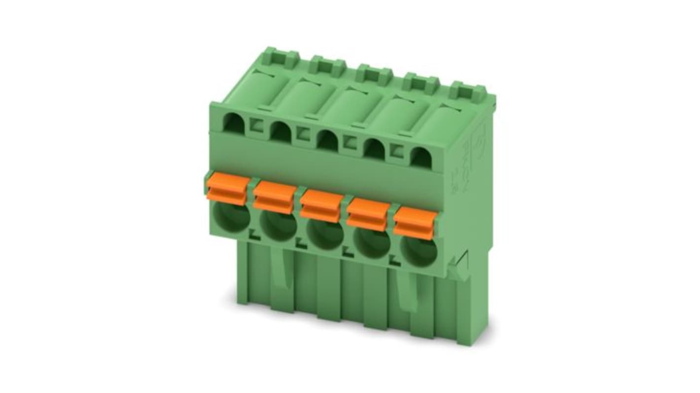 Phoenix Contact, 5mm Pitch, 5/..-ST, FKCVR 2, 5 Way, , Pluggable Terminal Block, Plug, PCB Mount, Push In Spring