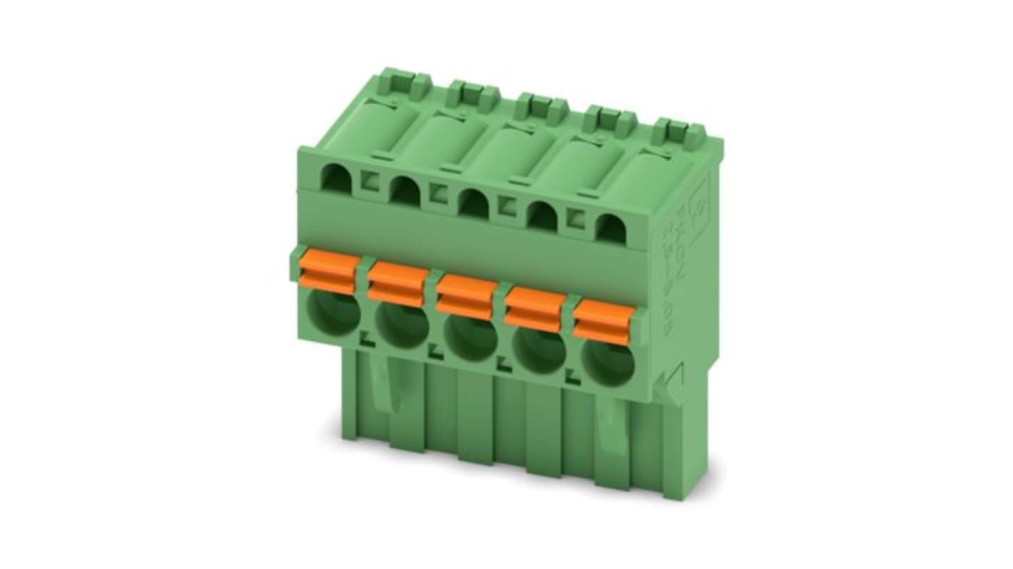 Phoenix Contact, 5.08mm Pitch, 5/..-ST, FKCVR 2, 5 Way, , Pluggable Terminal Block, Plug, PCB Mount, Push In Spring
