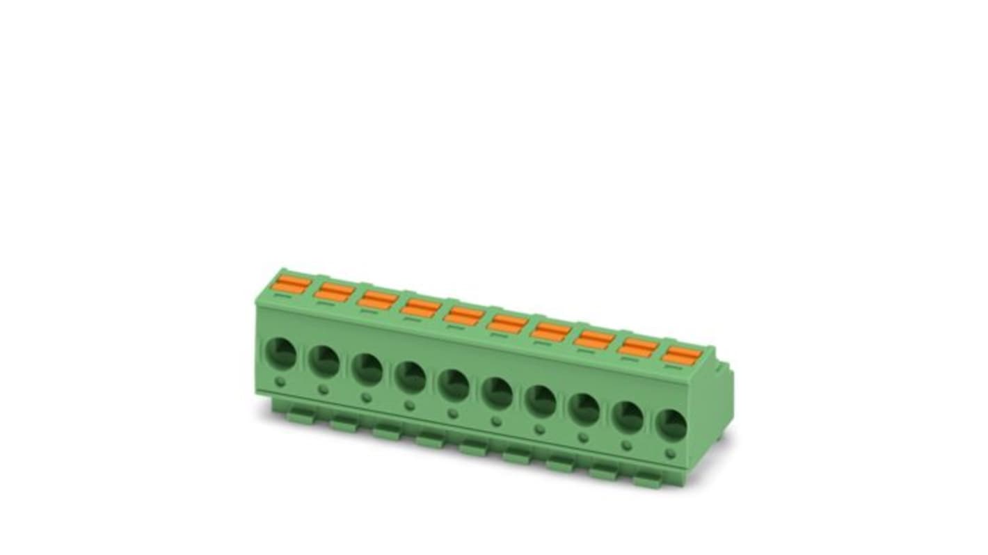 Phoenix Contact, 5mm Pitch, PTS, 10 Way, , Pluggable Terminal Block, Plug, PCB Mount, Push In Spring Termination,