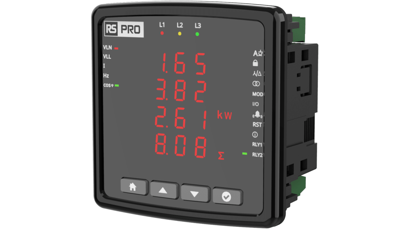 RS PRO LED Digital Panel Multi-Function Meter for Cos Phi, Phase Current, Phase-Neutral, Phase-Phase, RMS Voltage,