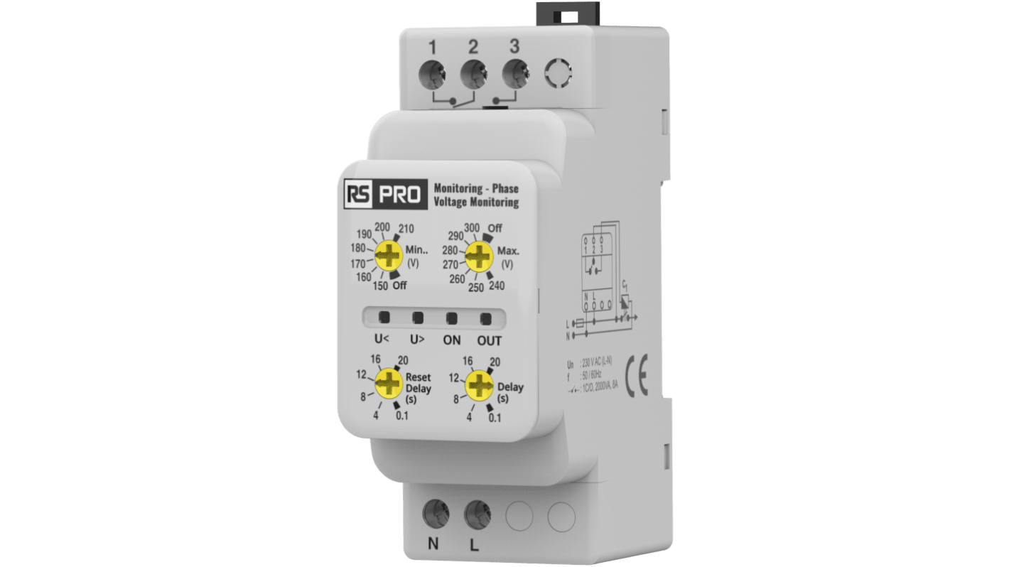 RS PRO Phase, Voltage Monitoring Relay, Single Phase, CO, 270 → 370, 410 → 510V ac, DIN Rail
