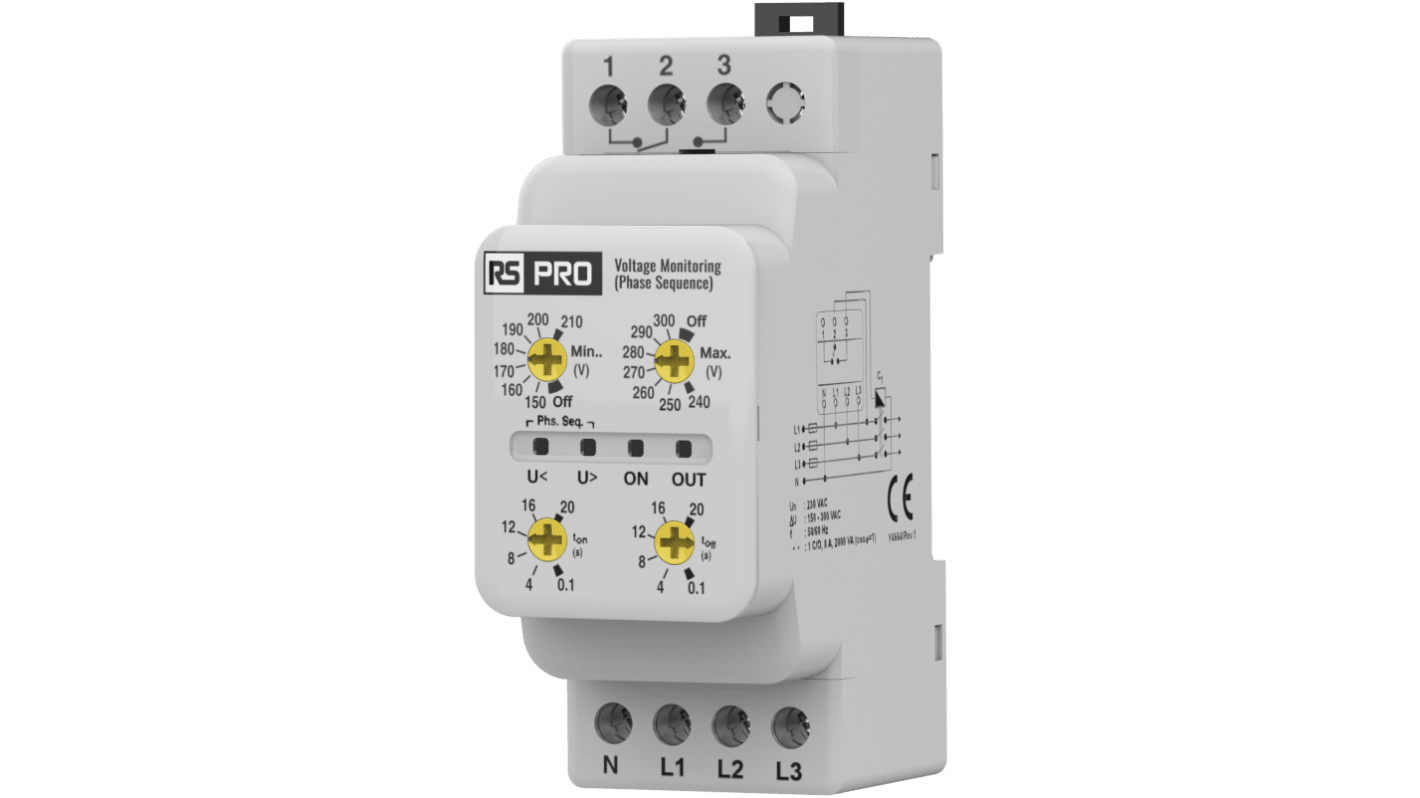 RS PRO Phase, Voltage Monitoring Relay, Three Phase, CO, 150 → 210, 240 → 300V ac, DIN Rail