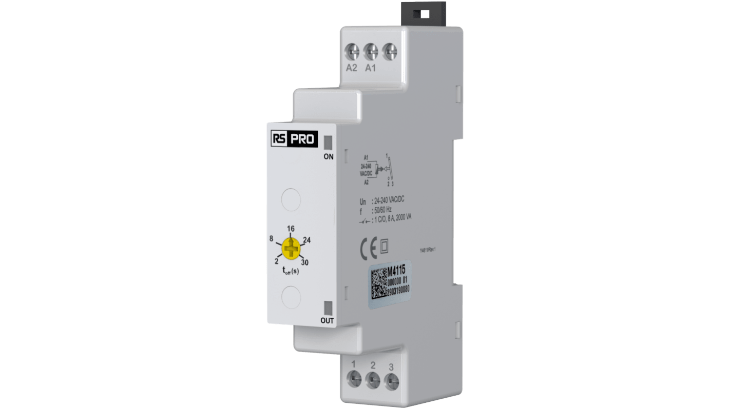 RS PRO DIN Rail Mount Timer Relay, 24 → 240V, 1-Contact, 4 → 60s, 1-Function, CO
