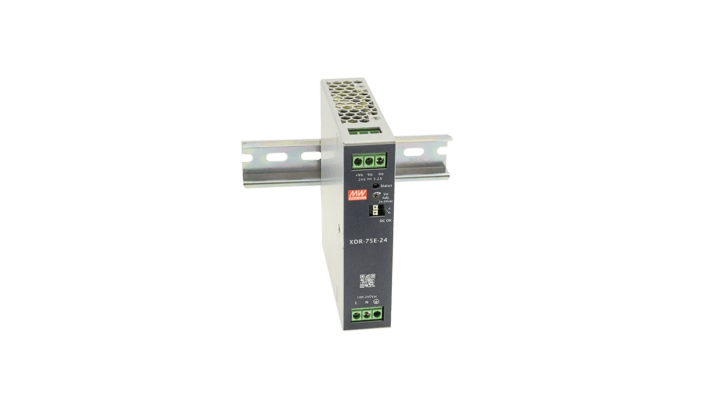 MEAN WELL XDR-75E DIN Rail Power Supply, 85 To 264V ac ac, dc Input, 48V dc Output, 1.6A Output, 76.8W