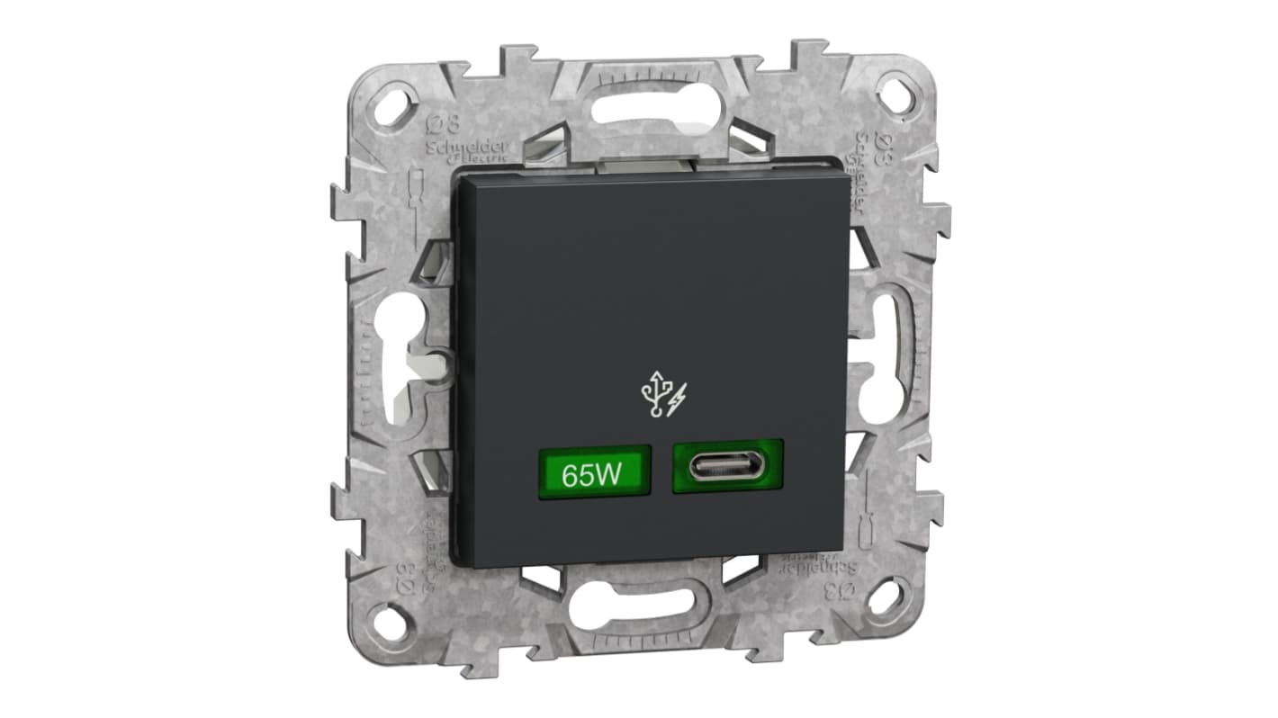 Unica Anthracite 2 Gang USB Socket, 1 Pole Poles, 3A, USB-C, Indoor Use