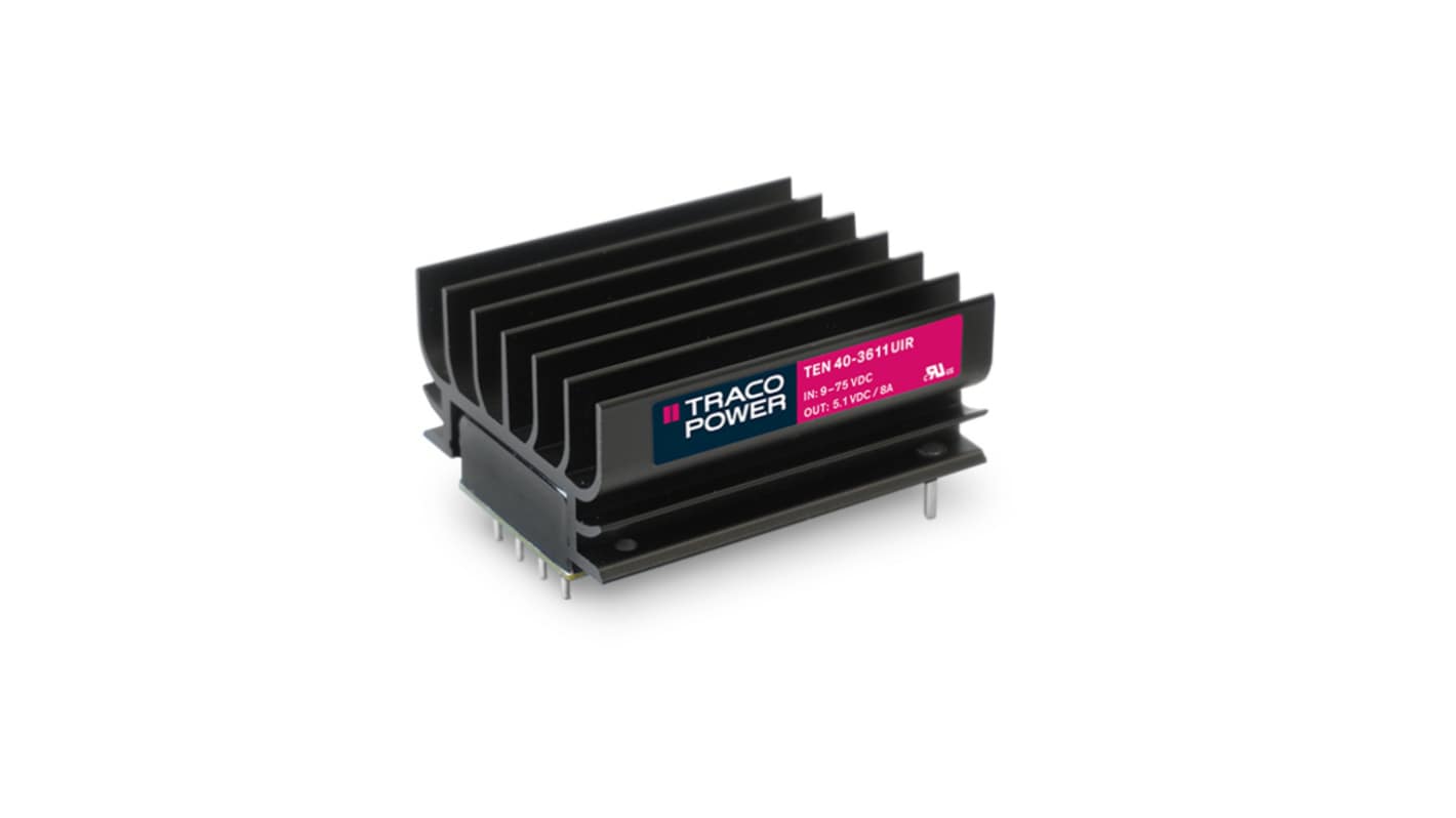 TRACOPOWER TEN 40UIR DC-DC Converter, 15V dc/ 2.67A Output, 14 TO 160 V dc Input, 40W, PCB Mount, +90°C Max Temp -40°C