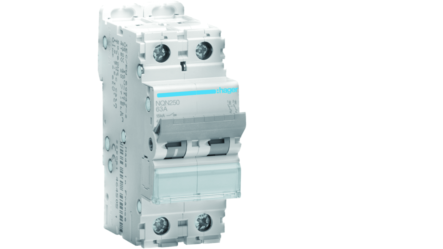 Hager NQN MCB, 2P, 50A Curve B, 415V AC, 15 kA Breaking Capacity