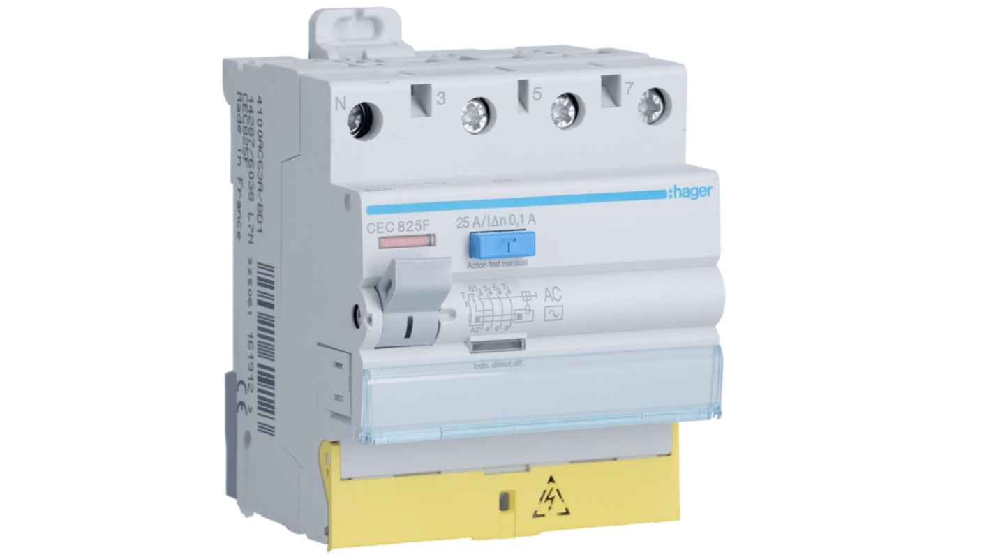 Hager CEC RCCB, 25A, 3P+N Pole, 100mA, Type AC, 230 → 400V ac