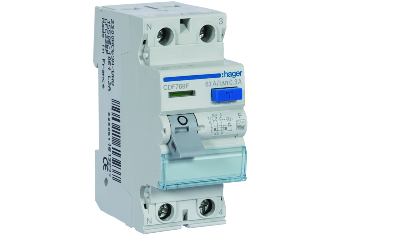 Hager CDF RCCB, 63A, 2 Pole, 30mA, Type F, 230V ac