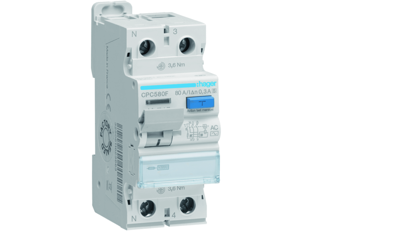 Hager CPC RCCB, 80A, 1P+N Pole, 300mA, Type AC, 230V ac