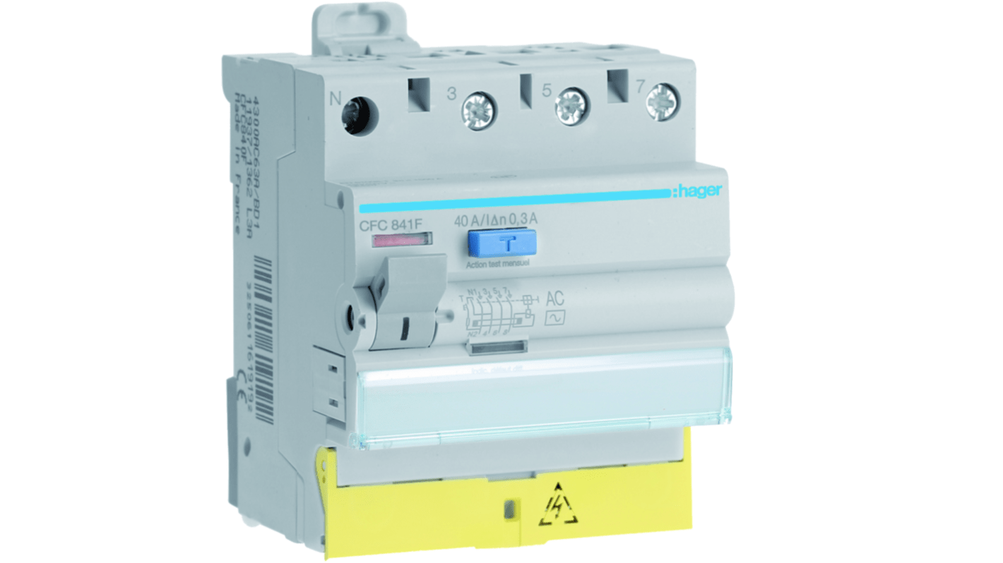 Hager CFC RCCB, 40A, 3P+N Pole, 300mA, Type AC, 230 → 400V ac