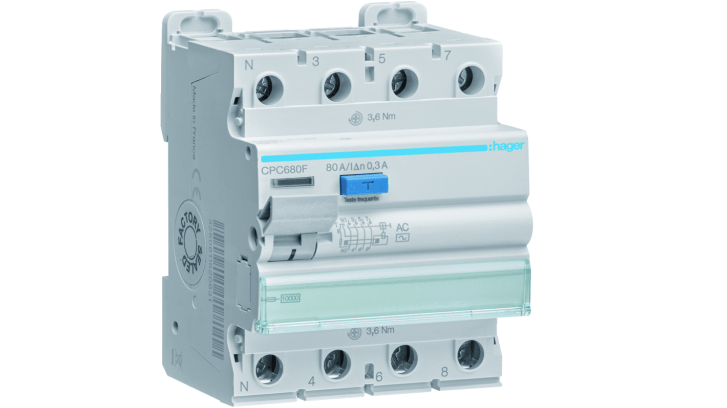 Hager CPC RCCB, 80A, 3P+N Pole, 300mA, Type AC, 230 → 400V ac
