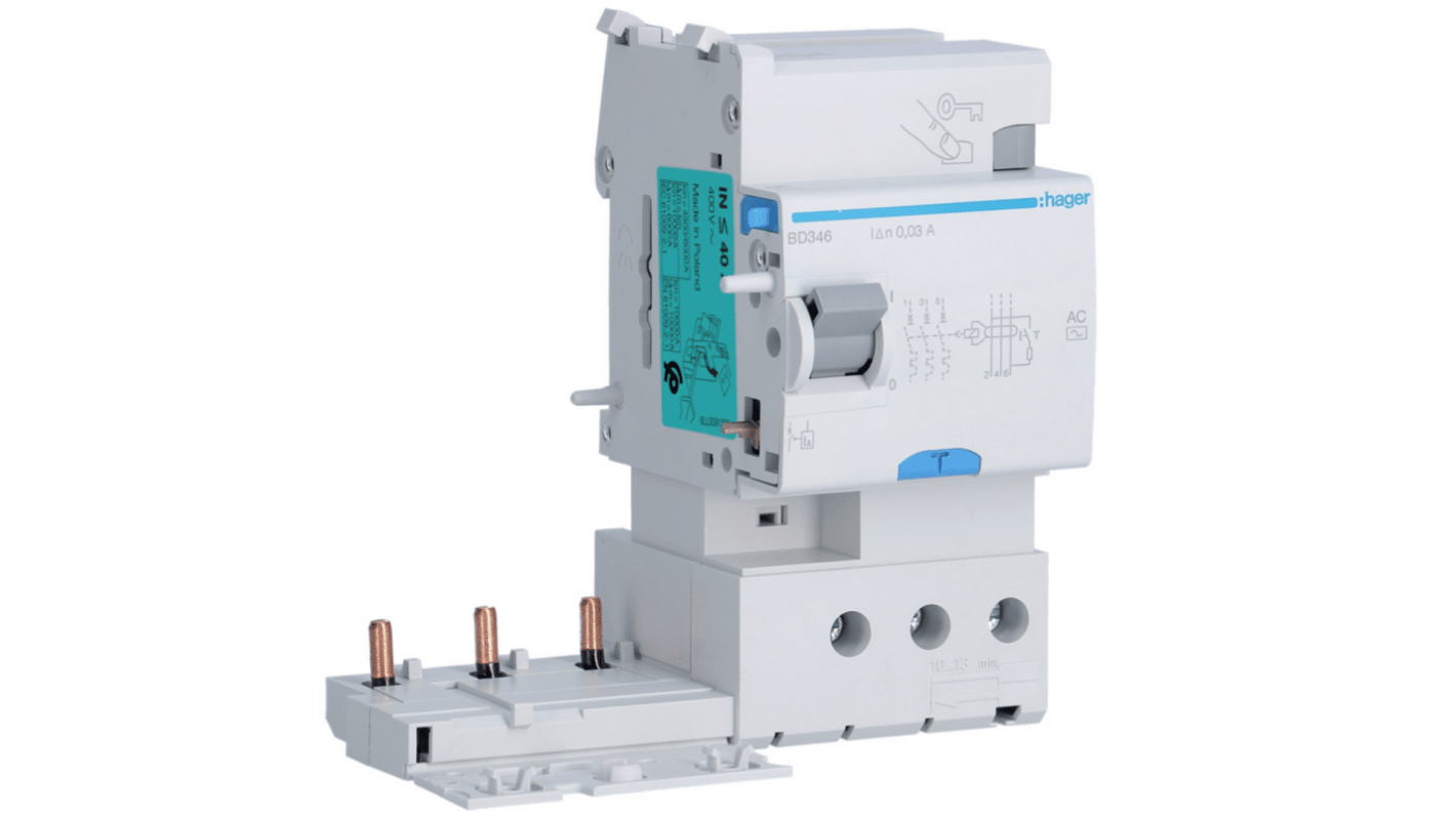 Hager BD Series RCCB, 40A, 3 Pole, 30mA, Type AC, 400V