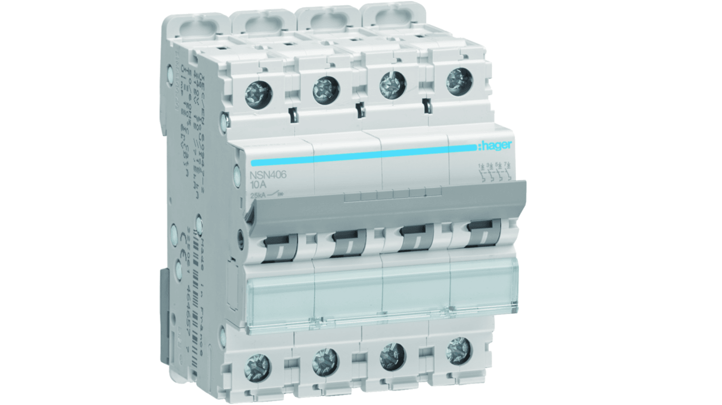 Hager NSN MCB, 4P, 6A Curve D, 415V AC, 25 kA Breaking Capacity