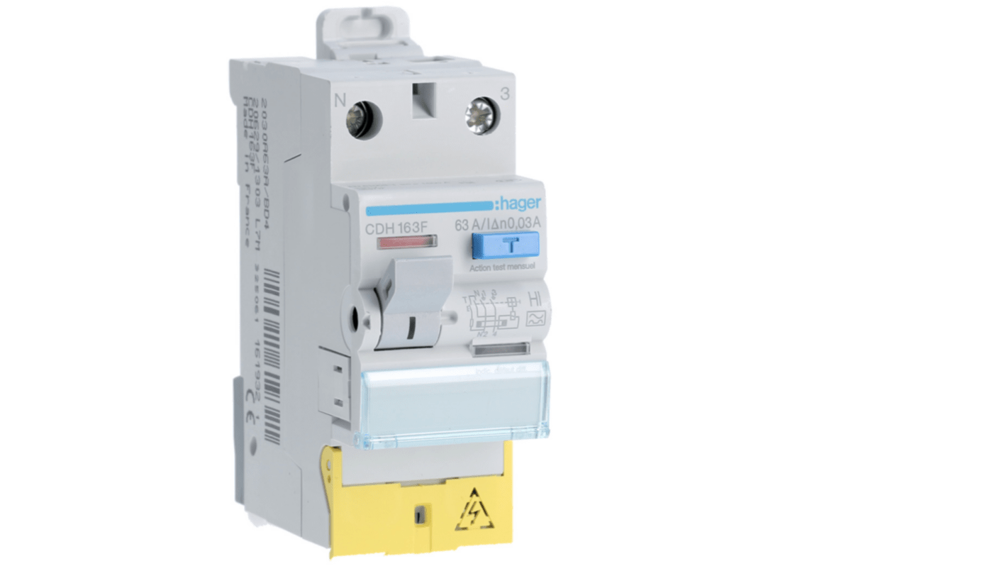 Hager CDH RCCB, 63A, 1P+N Pole, 30mA, Type A-HI, 230V ac