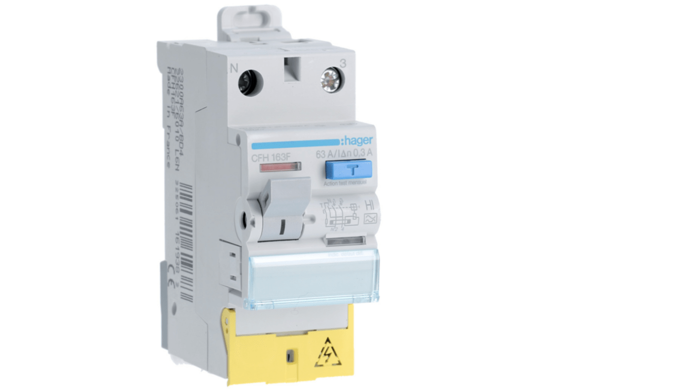 Hager CFH RCCB, 63A, 1P+N Pole, 300mA, Type A-HI, 230V ac