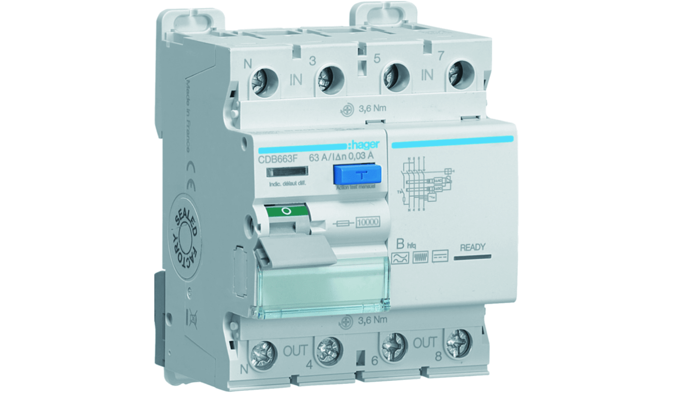 Hager CDB RCCB, 63A, 3P+N Pole, 30mA, Type B, 230 → 400V ac