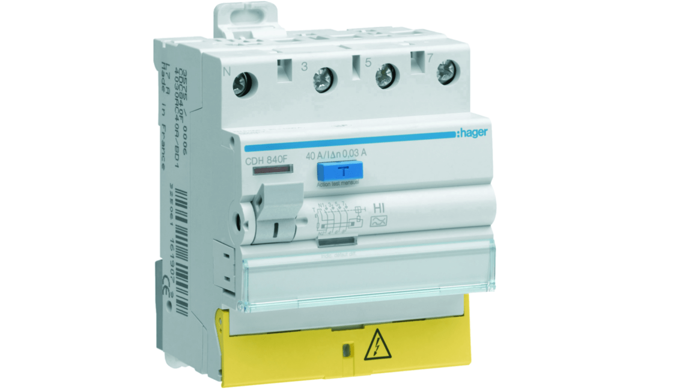 Hager CDH RCCB, 40A, 3P+N Pole, 30mA, Type A-HI, 230 → 400V ac