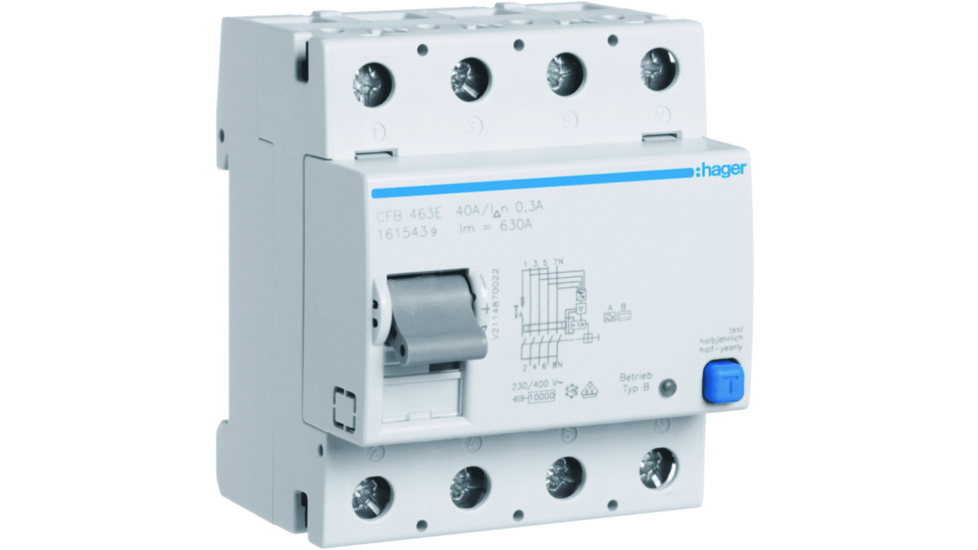Hager CFB RCCB, 63A, 4 Pole, 300mA, Type B, 230 → 400V ac