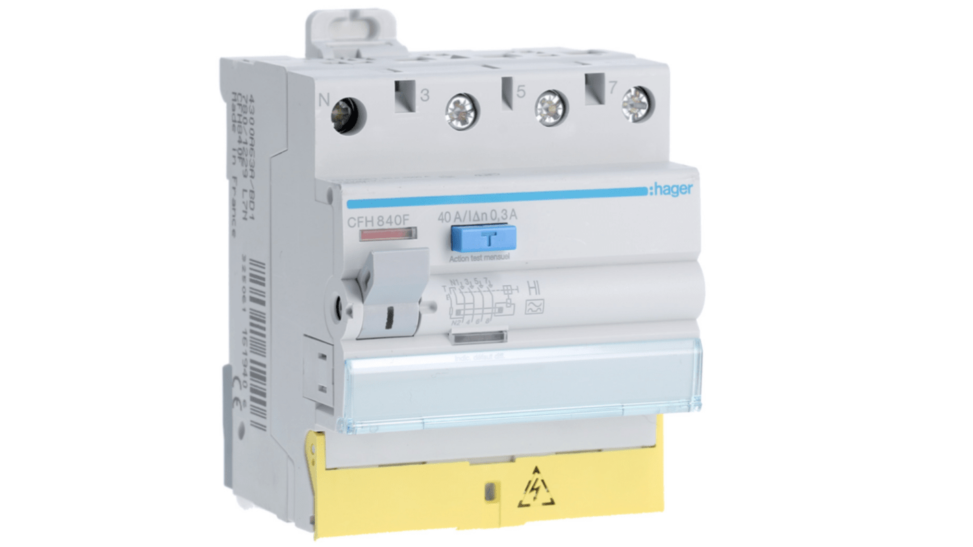 Hager CFH RCCB, 40A, 3P+N Pole, 300mA, Type A-HI, 230 → 400V ac