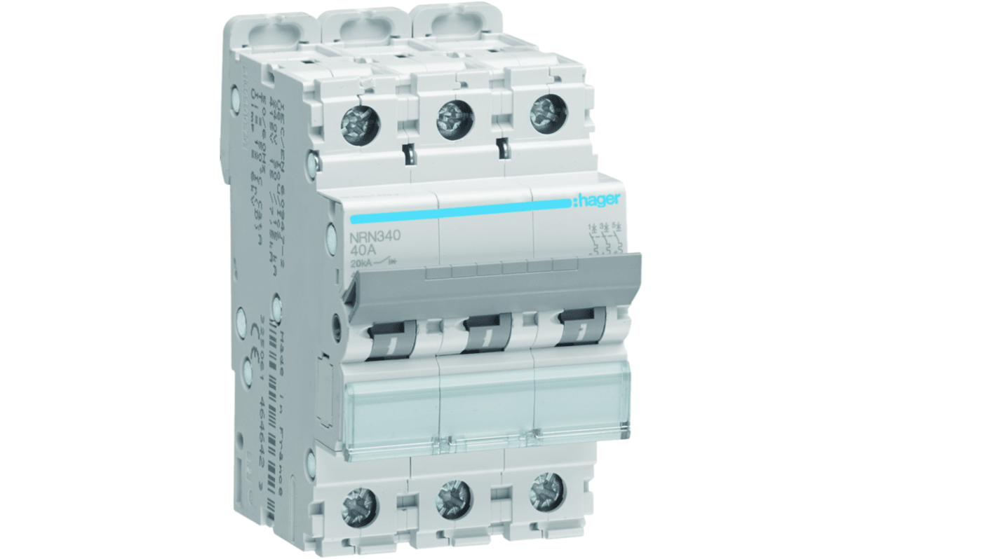 Hager NRN MCB, 3P, 40A Curve C, 415V AC, 20 kA Breaking Capacity