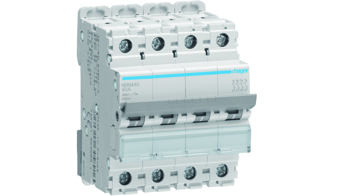 Hager C型MCB, 4极, 20kA分断, 40A, 415VAC, NRN系列