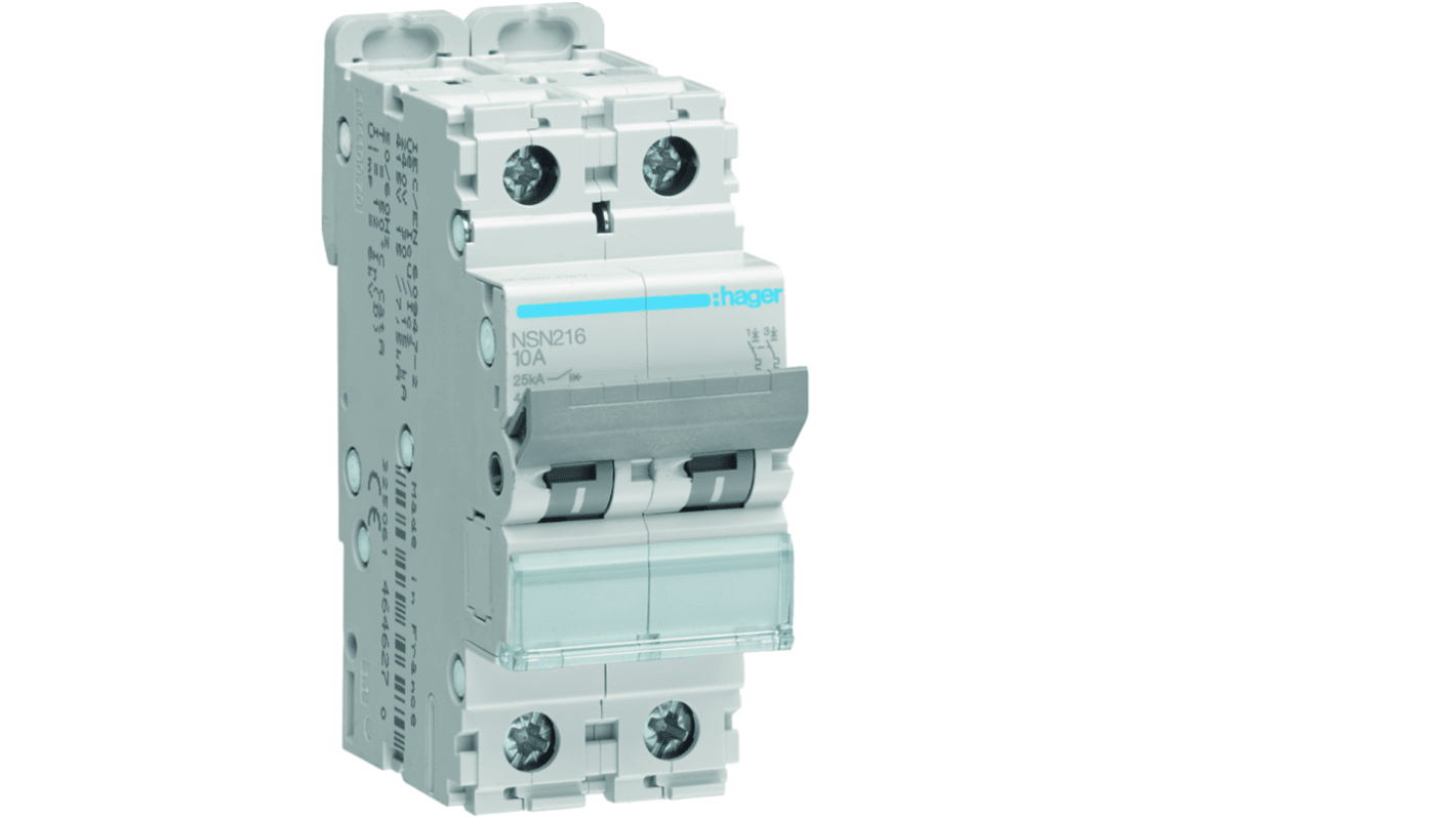 Hager NSN MCB, 2P, 16A Curve D, 415V AC, 25 kA Breaking Capacity