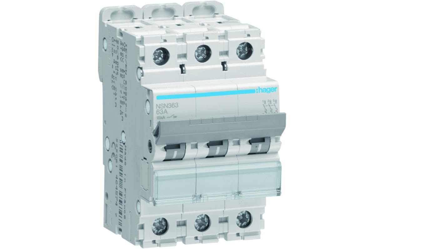 Hager NSN MCB, 3P, 63A Curve D, 415V AC, 15 kA Breaking Capacity