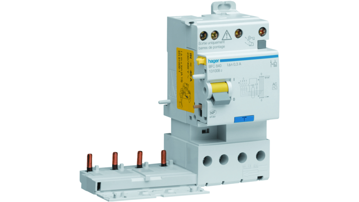 Hager BFH RCCB, 40A, 4 Pole, 300mA, Type A-HI