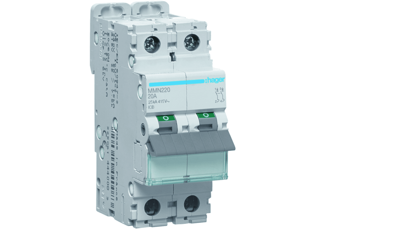 Hager MMN MCB, 2P, 20A, 415V AC, 20 kA Breaking Capacity