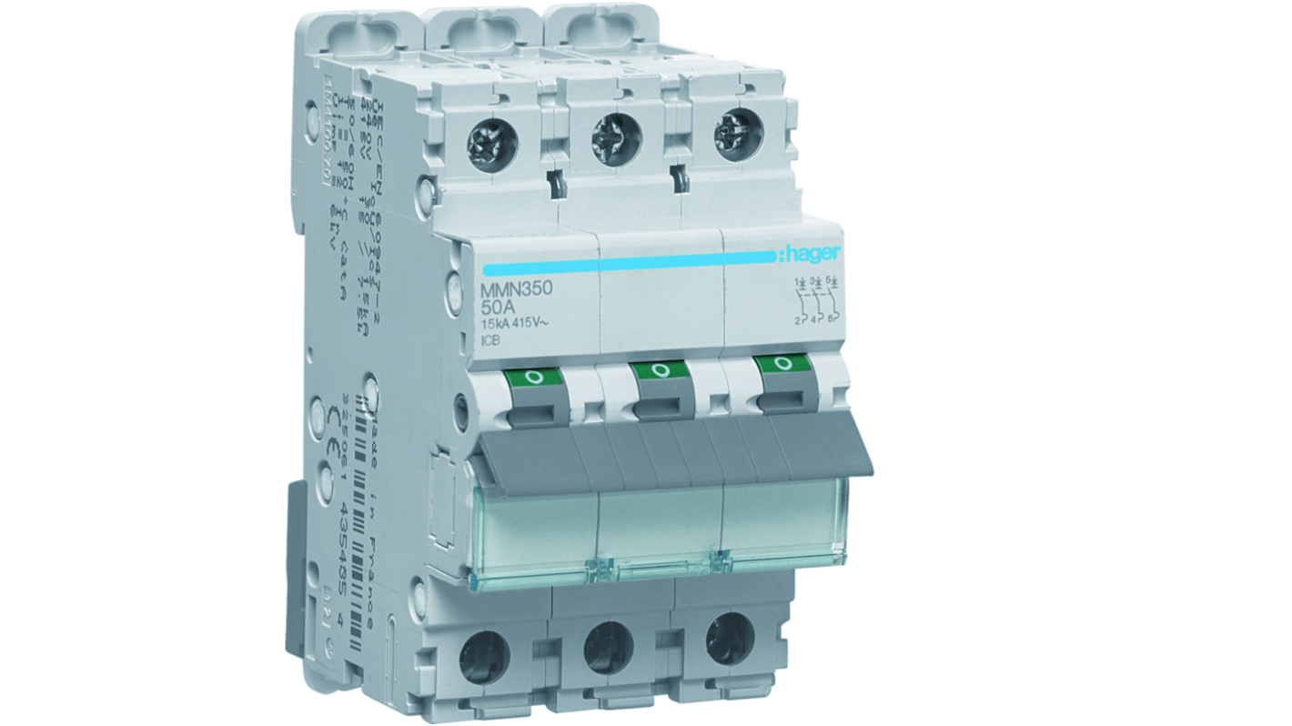 Hager MMN MCB, 3P, 50A, 415V AC, 15 kA Breaking Capacity
