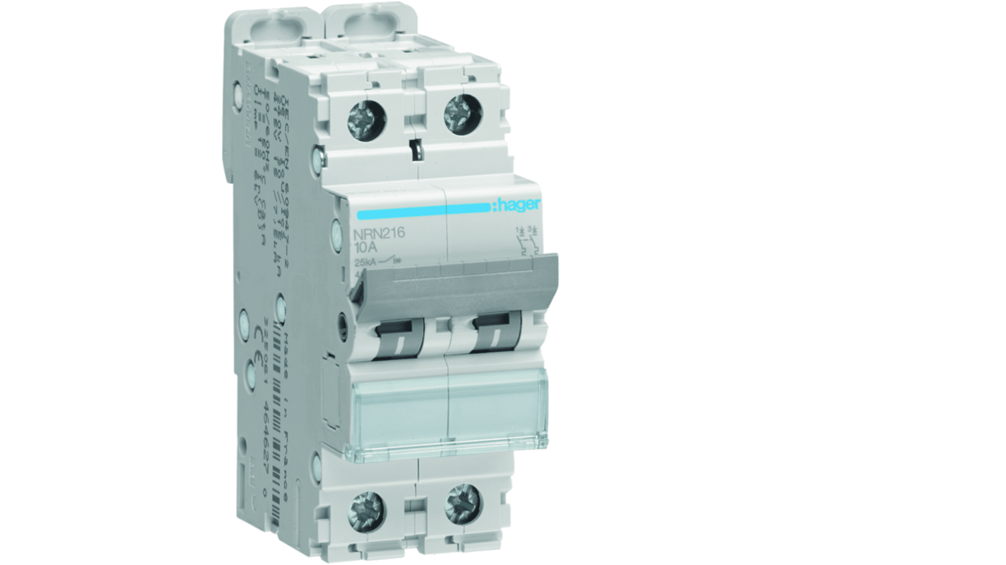 Hager Hager NRN Circuit Breaker, 2P, 16A Curve C, 415V AC, 25 kA Breaking Capacity