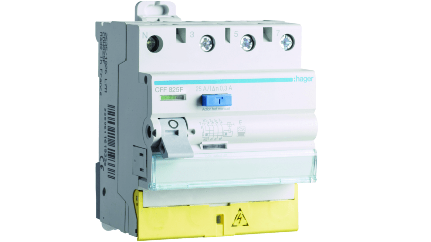 Hager CFF RCD Switch, 25A, 4 Pole, 300mA, Type F, 230 → 400V