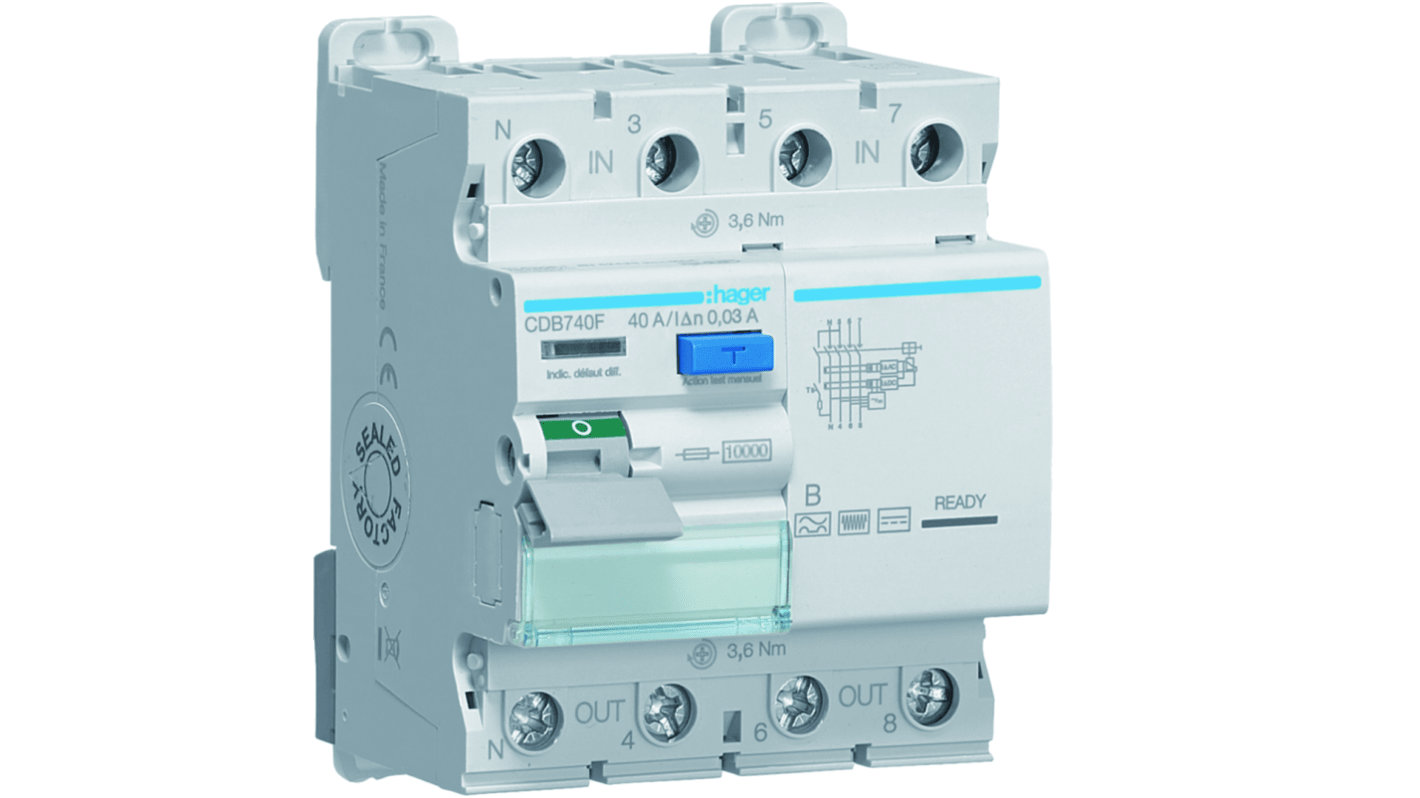 Hager CDB RCD Switch, 40A, 4 Pole, 30mA, Type B, 230 → 400V