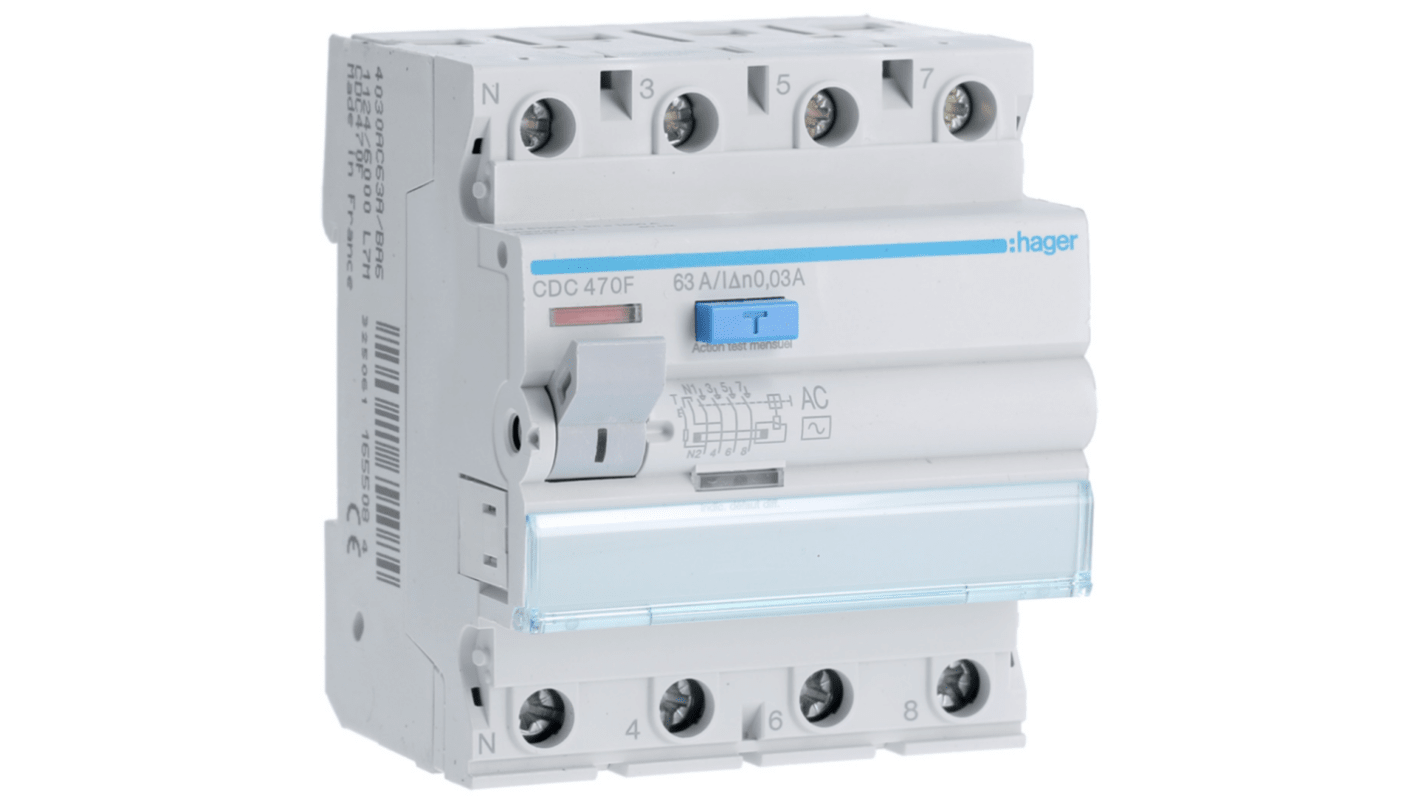 Hager CDC RCD Switch, 63A, 4 Pole, 30mA, Type AC, 230 → 400V