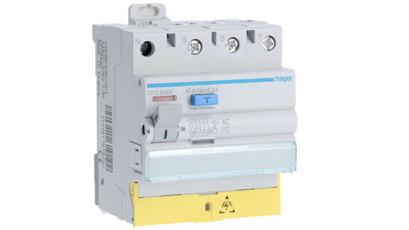 Hager CFC RCD Switch, 40A, 4 Pole, 300mA, Type AC, 230 → 400V
