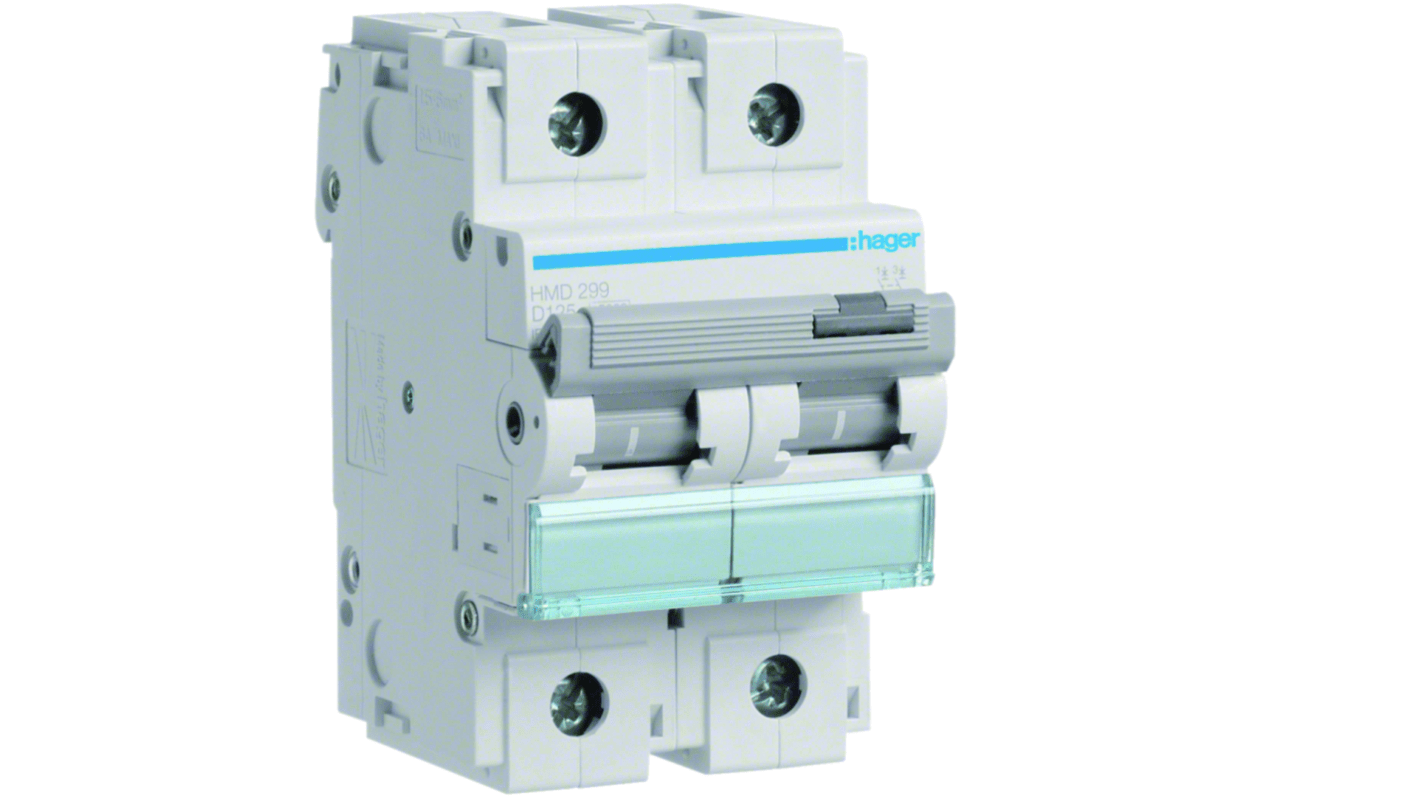 Hager Hager HMD Circuit Breaker, 2P, 125A Curve D, 415V AC, 15 kA Breaking Capacity