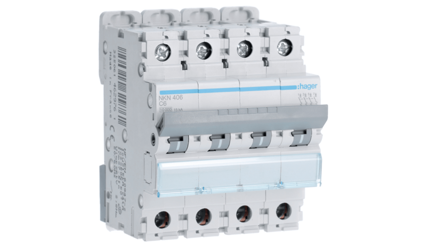 Hager Hager NKN Circuit Breaker, 4P, 6A Curve C, 400V AC, 15 kA Breaking Capacity