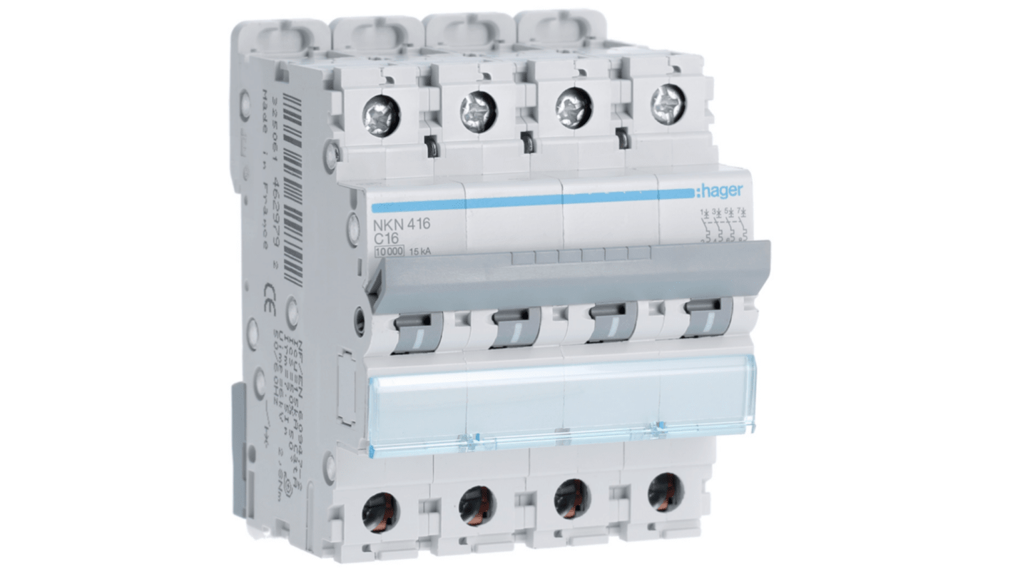 Hager Hager NKN Circuit Breaker, 4P, 16A Curve C, 400V AC, 15 kA Breaking Capacity