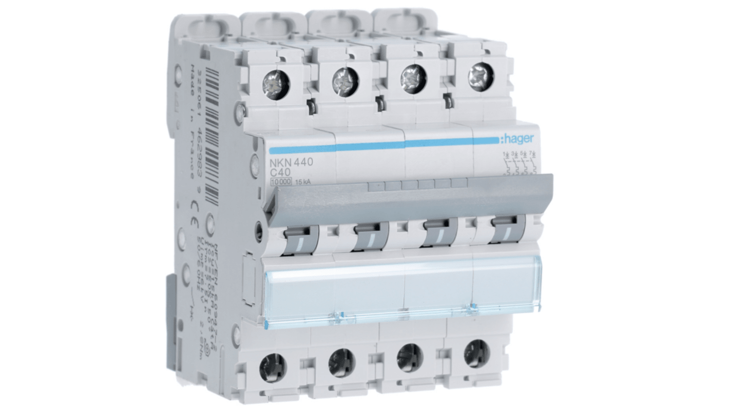 Hager Hager NKN Circuit Breaker, 4P, 40A Curve C, 400V AC, 15 kA Breaking Capacity