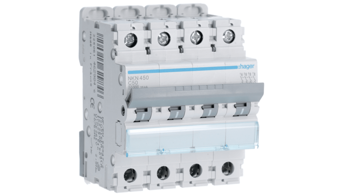 Hager Hager NKN Circuit Breaker, 4P, 50A Curve C, 400V AC, 15 kA Breaking Capacity